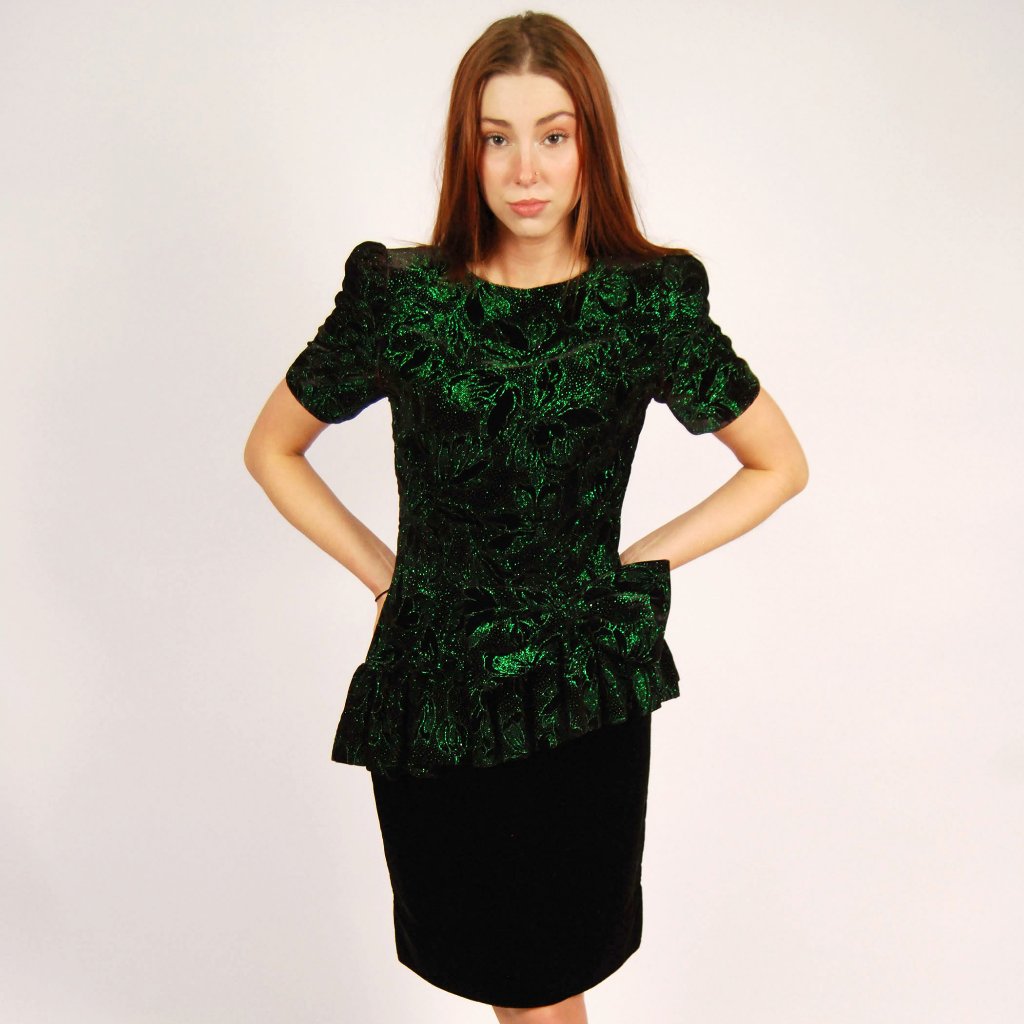 80s Sparkly Midi Dress (6) Green Vintage Floral Pencil Skirt Holiday Cocktail